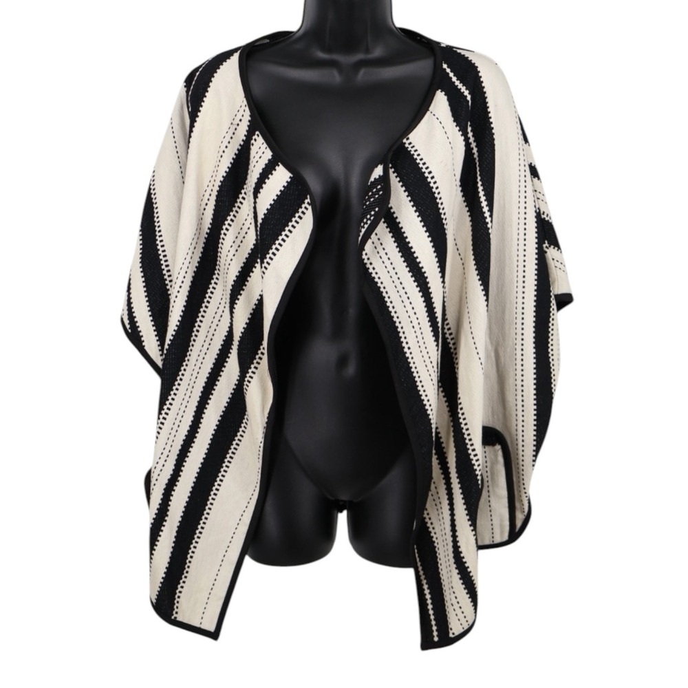Eva Franco Black Cream Striped Kimono Cardigan‎ Belted Open Front Cover Up NWT